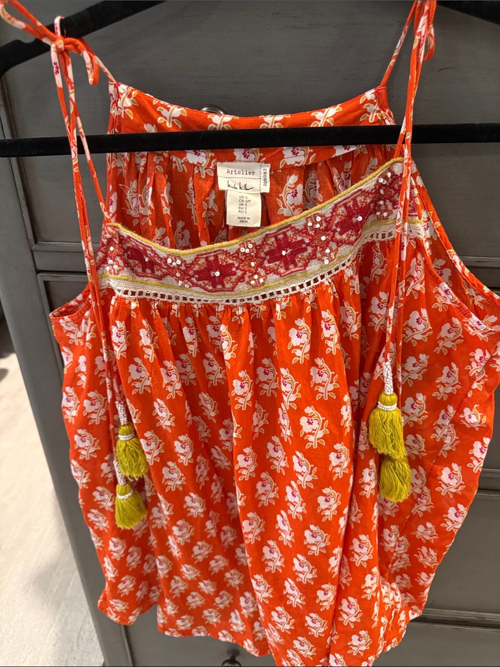 Atelier Orange Floral Tassel Camisole Top